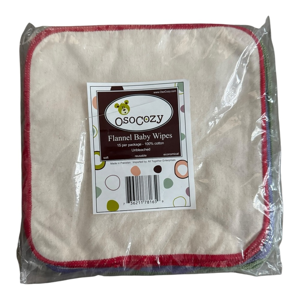 OsoCozy Flannel Baby Wipes 15-Pack – 100% Cotton, Unbleached,‎ Reusable, New